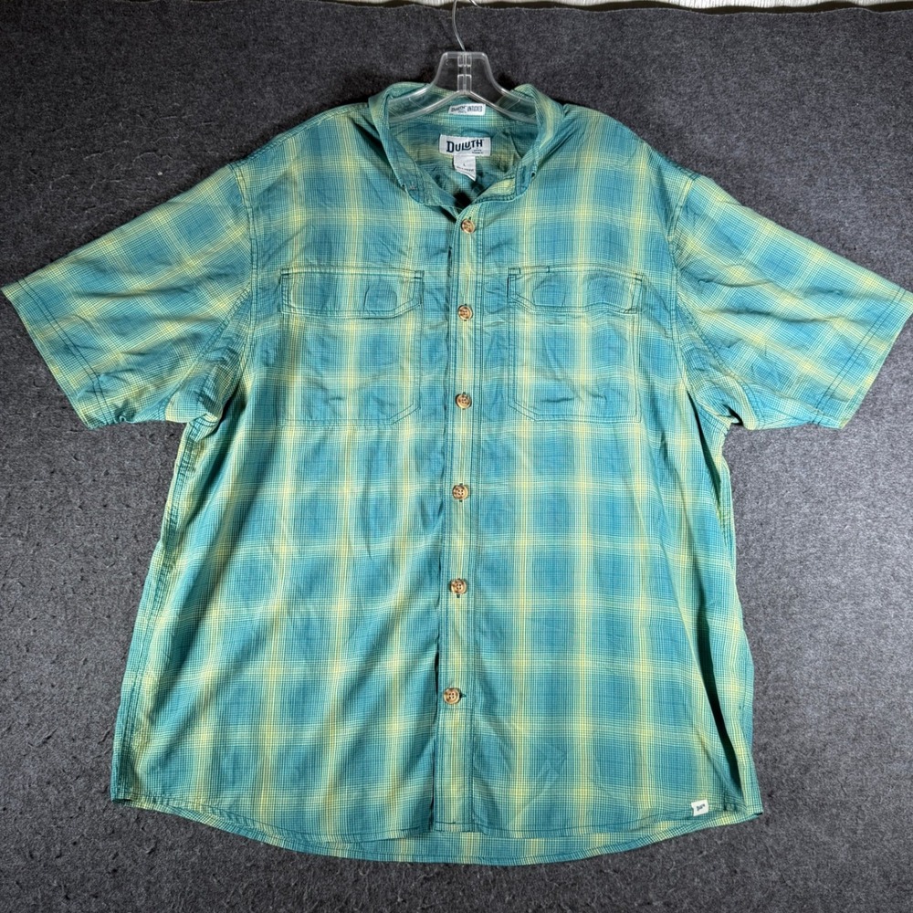 Duluth Trading Co Untucked Mens Large Relaxed Fit Short Sleeve Plaid Shirt Teal